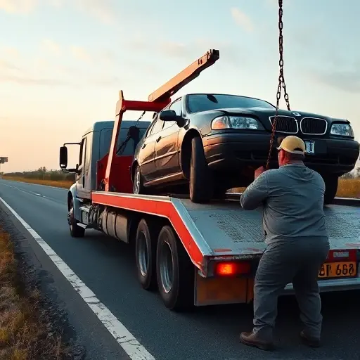 A tow truck pulling a damaged car along a road, with a visible distance meter or kilometer marker on the side of the road, and a loading/unloading scene where a worker is struggling to secure the vehicle with a chain or a small crane, all depicted in a realistic, detailed style