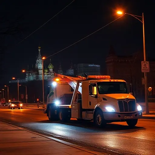 москва эвакуатор недорого круглосуточно телефон A realistic night scene of a Moscow street with a bright tow truck parked beside the road, the driver holding a smartphone, the city skyline featuring the Kremlin silhouette in the background, conveying a 24/7 affordable towing service, no text or signage