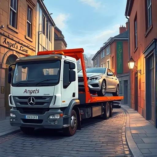 A realistic illustration of a tow truck partially loaded with a car, positioned on a narrow, cobblestone street named Angel's Lane. The scene shows the tow truck's front and side, with a partially lifted vehicle on its platform, and a few street lamps and buildings in the background. The focus is on the tow truck and the partially loaded vehicle, with clear details of the truck's branding and the vehicle's exposed side. The composition should convey a sense of urban setting and the process of partial loading.
