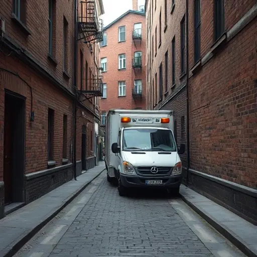 A tow truck (evacuator) parked in a narrow, slightly cobblestone alley called 1st Shibaevsky Lane, with old brick buildings on both sides, muted lighting, realistic smallHQ style, no people, no signage, no other vehicles