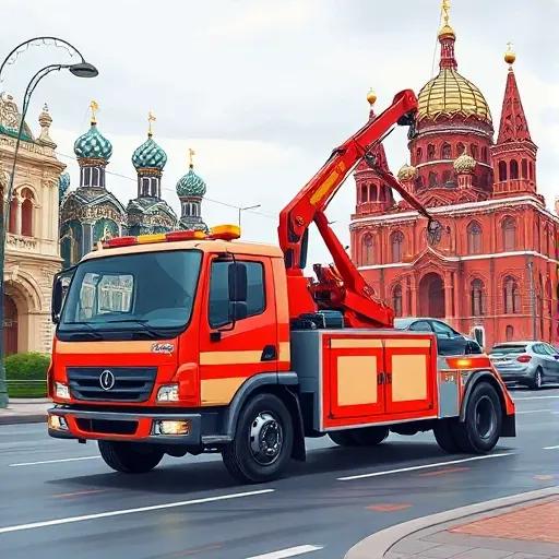 A detailed illustration of a tow truck with a hydraulic manipulator arm, positioned on a Moscow street with recognizable city landmarks such as the Kremlin dome in the background, realistic lighting, showing the truck in action lifting a vehicle, no text or signage