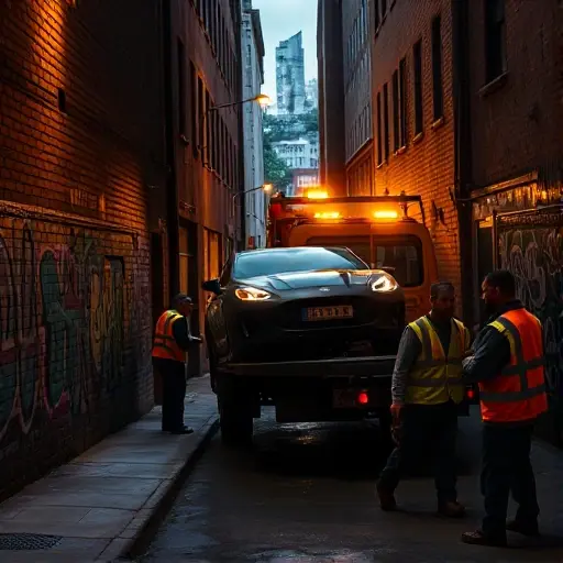 A tow truck pulling a car out of a narrow, dimly lit alley in an urban setting. The alley is lined with brick buildings, graffiti, and streetlights. The tow truck is a classic yellow or red model with a visible winch and a bright light. The car being towed is a mid-size sedan, partially visible as it is being pulled. The scene shows a few workers in reflective vests, holding tools, and a cityscape in the background. The overall mood is dynamic and slightly dramatic, with a focus on the action of towing.