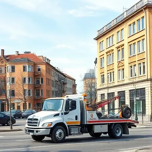 эвакуатор красногвардейский район A realistic scene of a tow truck operating in the Krasnogvardeysky district, with urban streets, typical local buildings, and the tow truck prominently in the foreground under a clear sky