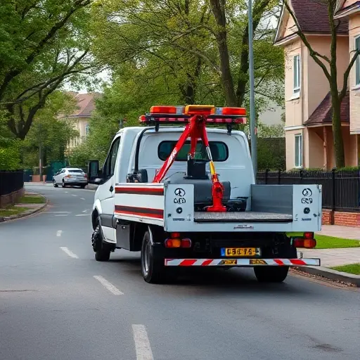A realistic tow truck (evacuator) parked on a quiet residential street named 3rd Dachno-Meshersky Passage, with surrounding typical Russian suburban houses, trees, and a paved road. The scene should convey a helpful, instructional atmosphere, showing the tow truck's details such as a hook, lights, and a sturdy chassis, without any text or signage.