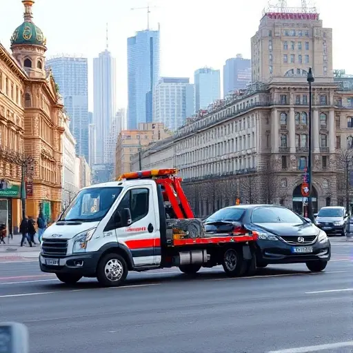 эвакуатор в москве легковое авто A realistic scene of a small tow truck (evakuator) in Moscow, pulling a passenger car on a city street. The background shows recognizable Moscow architecture such as a mix of historic buildings and modern high-rises, with a hint of the Moscow skyline. The street is busy but the focus is on the tow truck and the car being towed, with clear details of the vehicle, the hook, and the road. The lighting is daylight, clear sky, and the composition emphasizes the service of vehicle recovery.