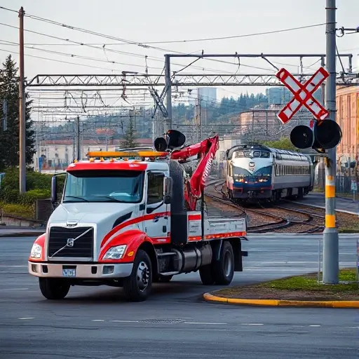 A tow truck parked at a railway crossing in Belgorod, with a train approaching, a crossing sign, and a cityscape background, no text or letters, no digits, no people, no cars, no animals