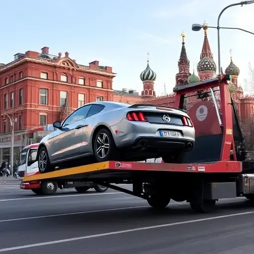 A realistic urban scene in Moscow showing a tow truck gently lifting a car onto its platform, with recognizable Moscow architecture such as a red brick building and a hint of the Kremlin silhouette in the background, under a clear sky. The focus is on the careful handling of the vehicle, emphasizing safety and protection, with no visible text, letters, or numbers.