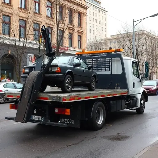 A tow truck parked on Bogucharskaya Street, featuring a flatbed, a hook, and a wheel-lift, with a city street background and a nearby building, no text, no letters, no digits, no people, no other vehicles