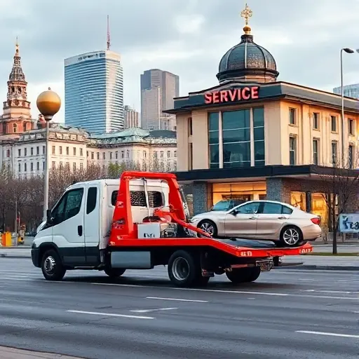 A tow truck positioned in front of a Moscow cityscape with a service center building in the background, towing a car, no text or digits visible, no people, illustrating the concept of towing services and delivery to an auto repair shop