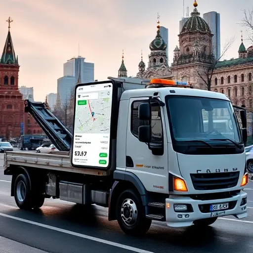 A modern tow truck parked on a Moscow street, its side displaying a digital screen that shows a mobile app interface of an online aggregator with a map and price indicators, set against the backdrop of the iconic Moscow skyline.