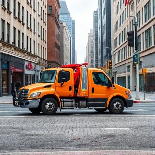 A modern tow truck parked on a bustling city street, with a damaged car being towed, surrounded by typical urban buildings, street signs, and traffic lights. The scene should capture the dynamic of a rescue operation, with the tow truck’s bright colors and reflective surfaces, and the street’s cobblestone or asphalt texture. No text or lettering should be visible.