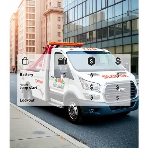 A modern tow truck branded with the name "Sloboda" parked beside a city street, with a translucent overlay of a comparison chart featuring icons for towing, battery jump-start, lockout service, and price tags represented by simple dollar signs. The scene should convey a clear comparison of services and pricing without any textual labels, focusing on visual symbols and a clean, professional aesthetic.
