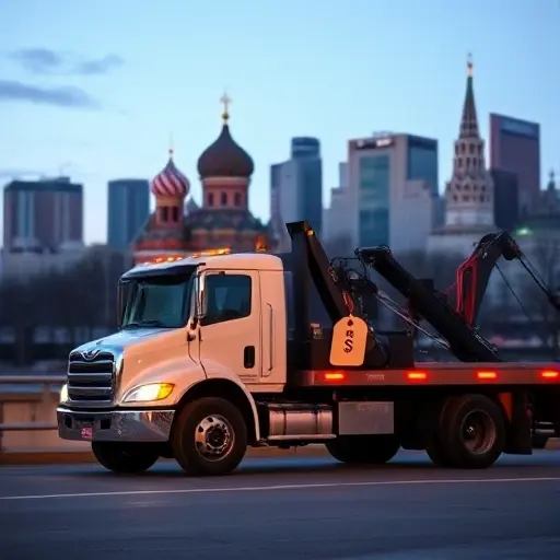 A tow truck parked in front of a recognizable Moscow skyline, with a subtle price tag icon hanging from the truck’s side, suggesting affordability. The scene should convey a sense of quick, inexpensive towing service in Rostokino, featuring a calm, early evening atmosphere with soft lighting and a hint of the city’s iconic architecture in the background.