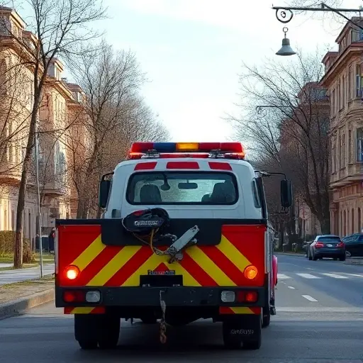 A realistic scene of a tow truck (evacuator) parked on a city street in Birulyovo Vostochnoye, Moscow, with typical residential buildings and trees in the background, showing the vehicle's hook and lights, under a clear sky, no people or signage