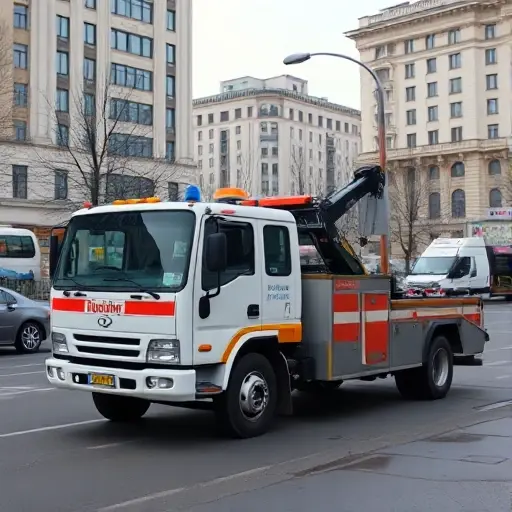 A tow truck parked on Bolshaya Cheremushkinskaya Street, with city buildings and street scenery in the background, no text or signage, realistic style