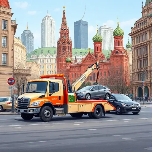 A realistic smallHQ style illustration of a tow truck on a Moscow street, with typical Moscow buildings and a cityscape in the background, the truck's hook attached to a car being towed, clear focus on the vehicle and the urban environment, no text or signage
