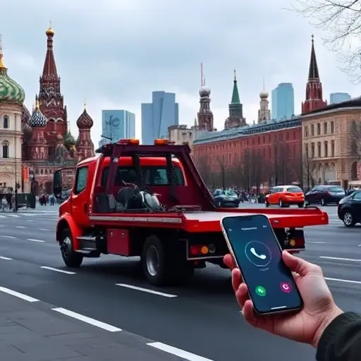 A tow truck parked on a Moscow street with the city skyline in the background, a phone handset or phone icon indicating a callback, and a person holding a phone, all depicted without any text, letters, or digits