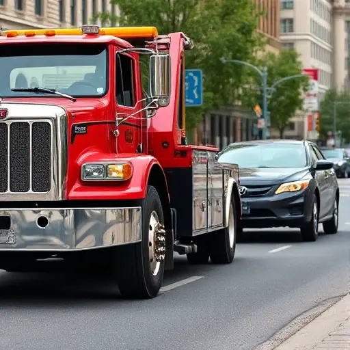 A tow truck pulling a stranded car on a city street, with a clear view of the truck's front and side, showing the hydraulic winch and the towing hook, in a realistic style, no text or lettering