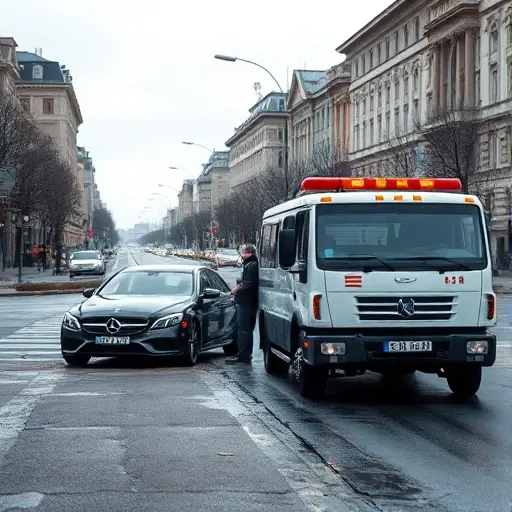 A realistic scene of a Moscow street with a broken down car on the side of the road, a modern tow truck (evakuator) parked beside it, the driver inspecting the vehicle. The background shows typical Moscow architecture, street lamps, and a hint of city traffic in the distance. The atmosphere is slightly overcast, with subtle reflections on wet pavement, emphasizing the emergency roadside service.