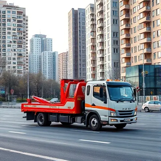 A realistic smallHQ illustration of a modern tow truck parked on a busy street in Moscow's Presnensky district, with characteristic Soviet-era apartment blocks and contemporary office buildings in the background, a paved road with traffic signs blurred, early evening light casting soft shadows, no people, no text or logos.