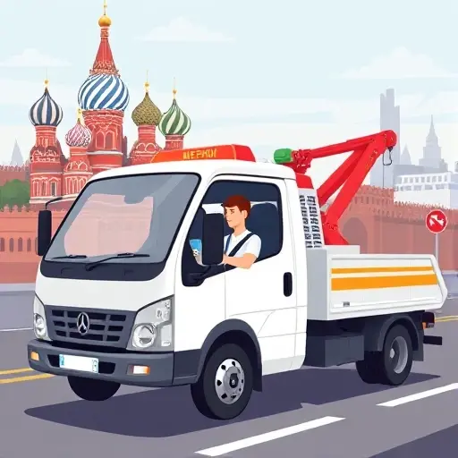A smallHQ style illustration of a tow truck in Moscow, with recognizable city elements such as the Kremlin silhouette or Moscow metro signs, showing a driver holding a smartphone as if ordering the service, realistic yet compact composition, no text or logos