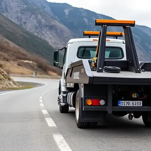 A modern tow truck parked on Bittsevsky Pass road, with a visible license plate and a small rating star icon on the side, set against a scenic backdrop of the pass, no text or lettering in the image.