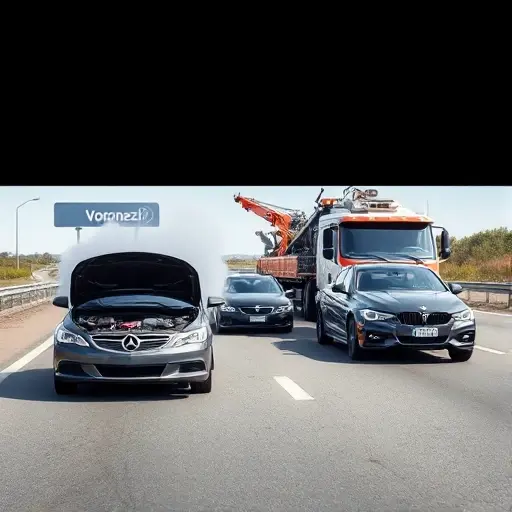 A realistic scene showing a tow truck on a highway between two cities, with a subtle background hint of a map indicating Voronezh and Moscow. In the foreground, three cars are positioned near the truck: one driving smoothly, one with visible mechanical issues (open hood, smoke), and one damaged from an accident (crumpled front). The tow truck is equipped with a crane ready to lift the damaged car. The overall composition is clear and detailed, focusing on the vehicles and the road, without any text or signage.