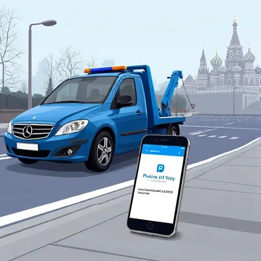 A realistic illustration of a Moscow street scene with a blue tow truck beside a parked car, a smartphone on the curb showing the Parking of Moscow app interface without any visible text or logos, and a subtle background featuring recognizable Moscow architecture such as the Kremlin silhouette, rendered in the smallHQ style.