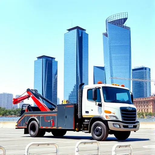 A modern tow truck with a crane, parked in front of the iconic Moscow City skyscrapers, under a clear sky. The scene shows the sleek glass towers of Moscow City in the background, with the tow truck prominently in the foreground, emphasizing its robust design and professional appearance. No text, logos, or people are visible, focusing solely on the vehicle and the cityscape.