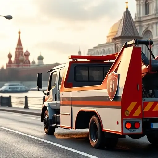 A realistic scene of a tow truck (evakuator) parked on a Moscow street near the Istra River, with subtle visual elements indicating insurance responsibility such as a shield icon subtly integrated into the truck's side, and a background showing recognizable Moscow architecture like the Kremlin silhouette, all rendered in a compact high-quality style