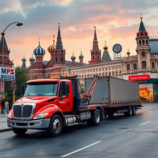 A realistic tow truck in a Moscow cityscape, pulling a cargo truck toward an auto repair shop, with iconic Moscow landmarks in the background, no text or signage, no letters or numbers, no explicit content