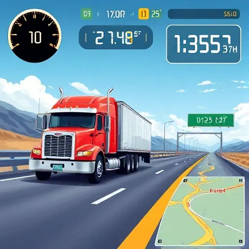 A realistic illustration of an intercity tow truck on a highway, with a visible distance meter, a fuel gauge, a clock indicating time, a floating price tag, and a map overlay showing the route, all depicted without any text or lettering, in a detailed and polished style