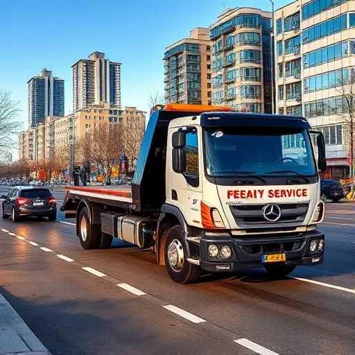 A modern tow truck parked on a busy street in the southwestern part of Moscow, with recognizable Moscow architecture in the background, such as high-rise buildings and a hint of the Moscow River skyline, under a clear sky. The scene conveys a professional service atmosphere without any signage, text, or logos.