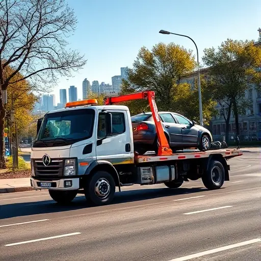 A realistic scene of a tow truck operating on a city street in Troitsk, Moscow. The tow truck is pulling a broken down car onto its flatbed, with the Moscow skyline faintly visible in the background. The street has typical Russian road markings and nearby trees, and the atmosphere is bright daylight. No text, logos, or people are present.