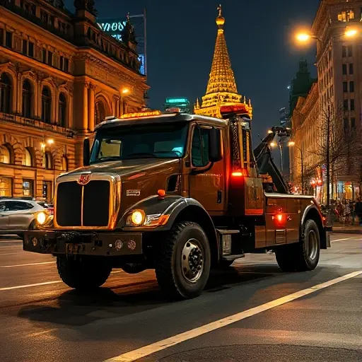 эвакуатор грузовой москва дешево круглосуточно A heavy-duty tow truck parked on a bustling Moscow street at night, illuminated by streetlights and the glow of city skyscrapers, with a clear view of the vehicle’s robust chassis and a backdrop of iconic Moscow architecture, all captured in a realistic, cinematic style without any textual elements