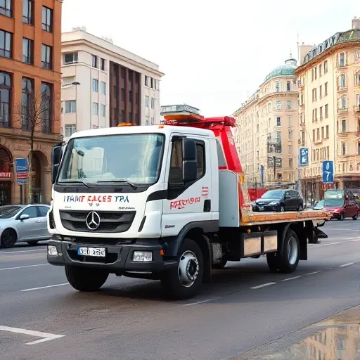 A tow truck parked on a Moscow street in the Timirovsky district, with surrounding city buildings and a clear, uncluttered background. The truck should be in a realistic style, showing its front and side, with a subtle hint of a low-cost service vibe through color or design, but without any text, letters, or numbers. The scene should capture the urban atmosphere of Timirovsky, Moscow, with a clear sky and street details, but no other vehicles or people in the foreground.