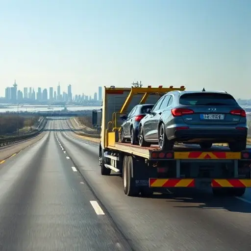 Эвакуатор Москва ー Белгород: Полное руководство по перевозке автомобиля A realistic scene of a tow truck (evacuator) driving on a highway between Moscow and Belgorod, with a clear road, distant city skylines, and a few cars being towed on the truck's platform, under a bright sky, without any text or signage