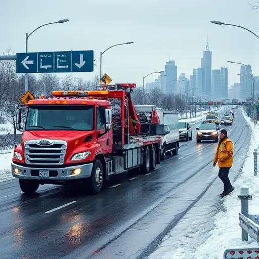 A realistic scene of a tow truck in the Moscow region helping a broken-down car on a snowy road beside a city skyline, with traffic signs, a police officer directing traffic, and a relieved driver standing nearby