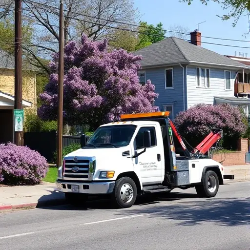 A realistic small tow truck parked on a quiet residential street called Hungarian Lilac Avenue, with lilac bushes lining the sidewalk and a modest house in the background, under a clear sky. The scene should convey a calm, everyday urban environment without any visible text, logos, or signage.