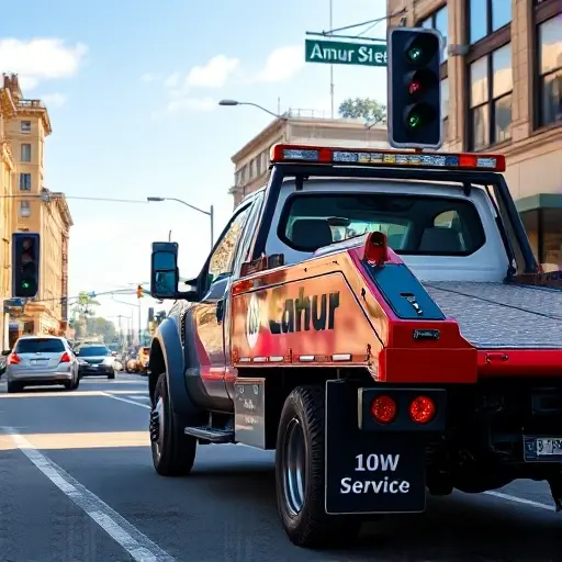 A realistic tow truck parked on a bustling city street with a visible street sign reading "Amur Street" in the background. The scene shows a clear view of the street, traffic lights, and nearby buildings, capturing the urgency and accessibility of a tow service. The image should convey a sense of readiness and professionalism, with the tow truck’s logo subtly visible on the vehicle but no textual overlays or lettering in the scene.