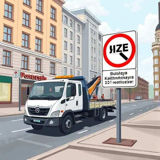 A realistic illustration of a tow truck parked on Bolshaya Kalitnikovskaya Street, with a prominent size restriction sign nearby. The scene shows the street layout, surrounding buildings, and the tow truck's dimensions relative to the sign. The image should convey the concept of size limits for vehicles in an urban setting.