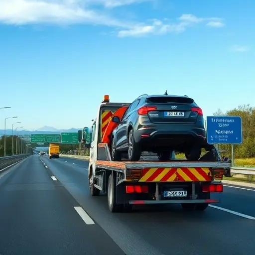 A tow truck (evacuator) on a highway with a partially loaded vehicle on its platform, showing a scenic transition from a southern landscape hinting at Simferopol to a northern landscape hinting at Moscow, with road signs blurred to avoid text, under a clear sky, realistic yet compact composition