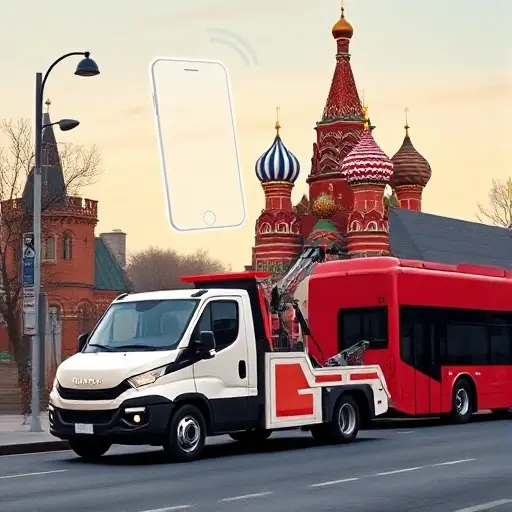 A realistic smallHQ style illustration showing a modern tow truck parked near a red double-decker bus on a Moscow street with the silhouette of Saint Basil's Cathedral in the background, and a subtle outline of a smartphone hovering above the truck to suggest a callback service, without any text, letters, or numbers.