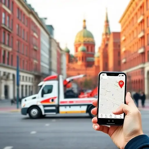 A sleek tow truck navigating a recognizable Moscow street scene with classic red brick buildings, a subtle outline of the Kremlin dome in the background, and a hand holding a smartphone displaying a map with a location pin, all without any visible text, letters, or numbers.