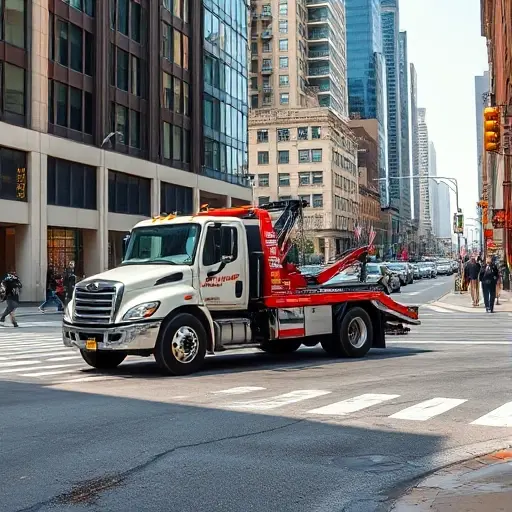 Эвакуатор на 1-й Внуковской улице: Полное руководство A realistic depiction of a tow truck parked on a busy city street, with a modern urban backdrop of buildings, traffic, and pedestrians. The tow truck is in a neutral pose, with a car partially hooked to it. The scene is illuminated by natural daylight, with subtle shadows and realistic reflections.