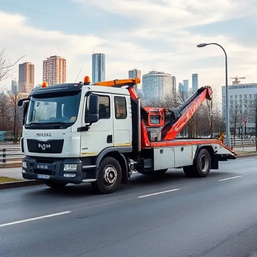 A realistic towing truck parked on a city street in Mytishchi, with the skyline of the city in the background, no people, no text or logos.