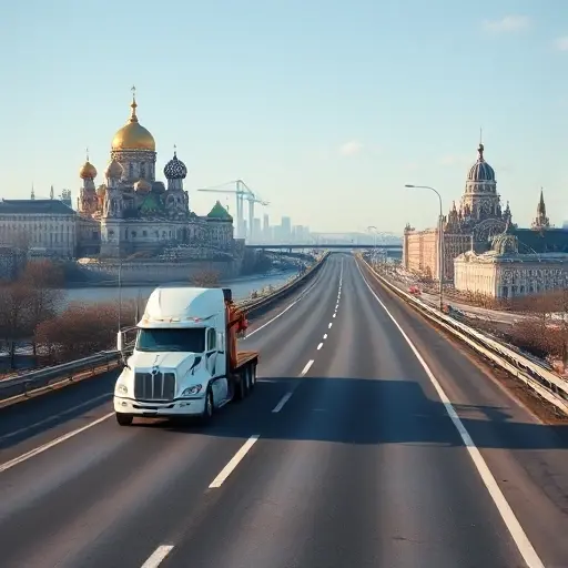 Эвакуатор Москва – Чебоксары: Полное руководство A realistic tow truck driving on a highway connecting two city skylines, one representing Moscow with recognizable domes and towers, and the other representing Cheboksary with its distinctive riverfront and architecture, under a clear sky, showing the sense of a long-distance towing service, without any text or signage