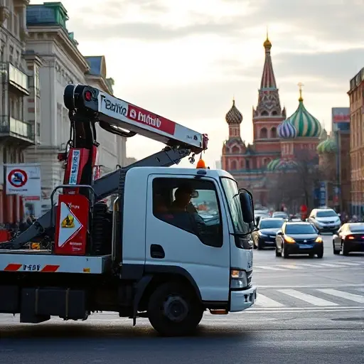 сколько стоит заказать эвакуатор в москве A modern tow truck with a crane parked on a Moscow street near recognizable city architecture such as the Kremlin towers, with a driver in uniform and a car being lifted, city traffic and sky in realistic lighting, no text or numbers