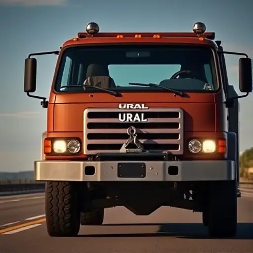 A realistic depiction of a Ural brand tow truck on a road, with its front lights on and a tow hook extended, positioned in a clear, daytime setting. The scene should show the truck in motion, with a subtle reflection of the sky on its metal surface, and a hint of a distant highway in the background. No text, letters, or numbers should be present in the image.