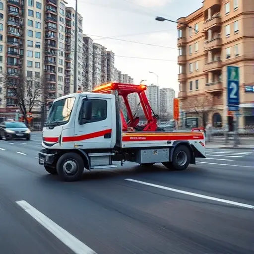 A modern tow truck driving swiftly through the streets of Eastern Moscow, with recognizable Moscow architecture such as typical apartment blocks and street signs in the background, conveying speed, reliability, and affordability. The scene is bright and clear, showing the tow truck's lights flashing as it responds quickly to a call, with no people or text in the image.